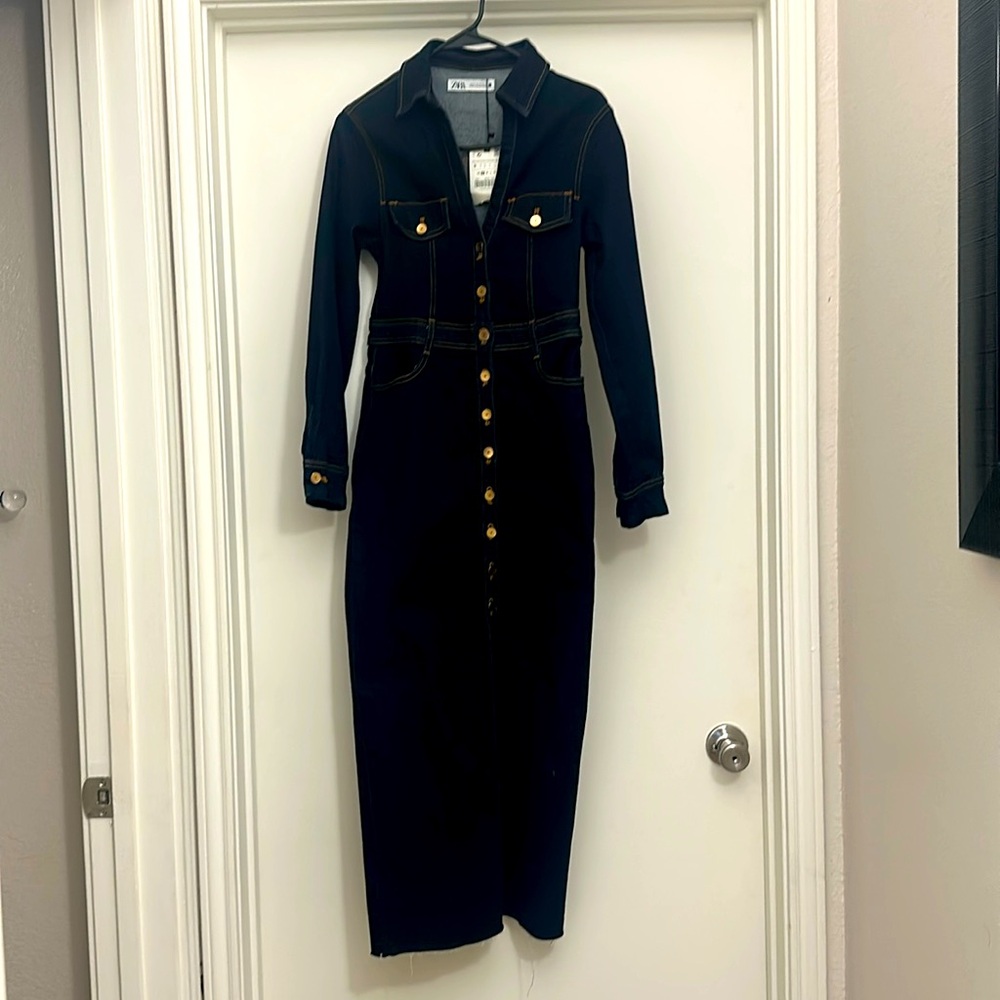Zara Navy Long Sleeve Dress with Gold Buttons